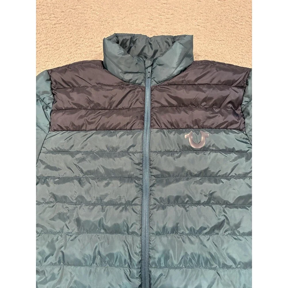 True Religion Jacket Mens Medium Blue Puffer Quilted Insulated Full Zip Logo
